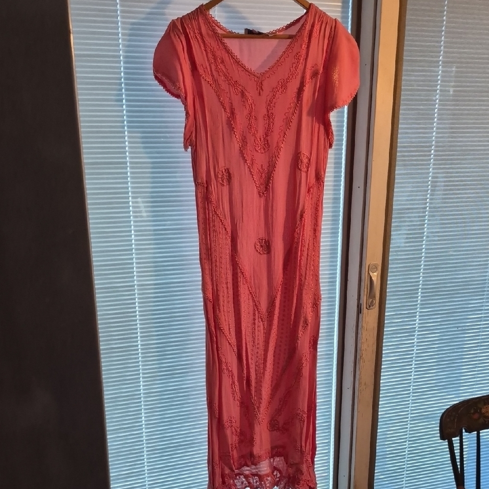 Elegant BFA Classics Coral Maxi Dress with Embroidery Boho Vintage Slip On